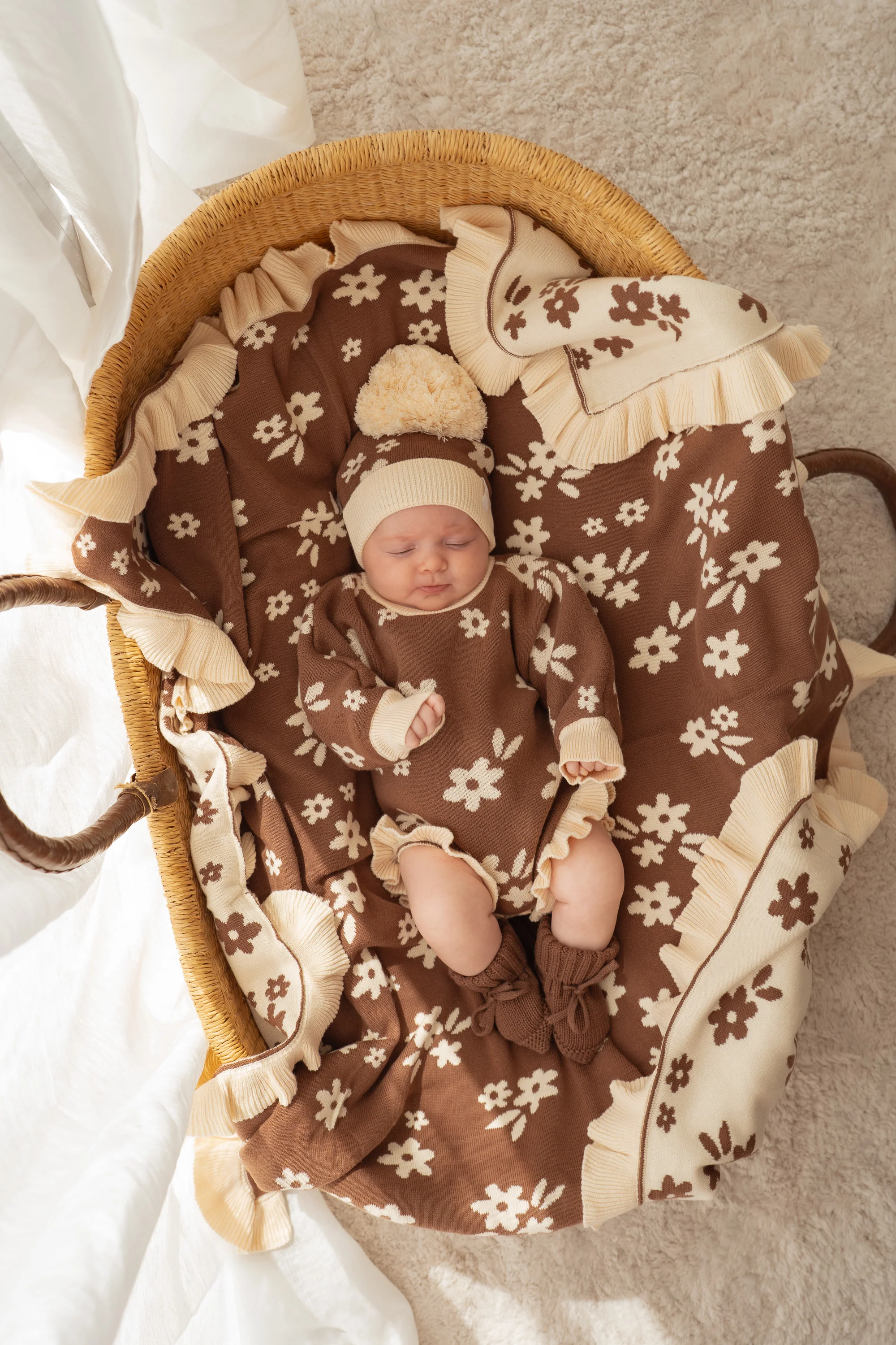 Frill Knit Blanket | Daisy Floral Chocolate