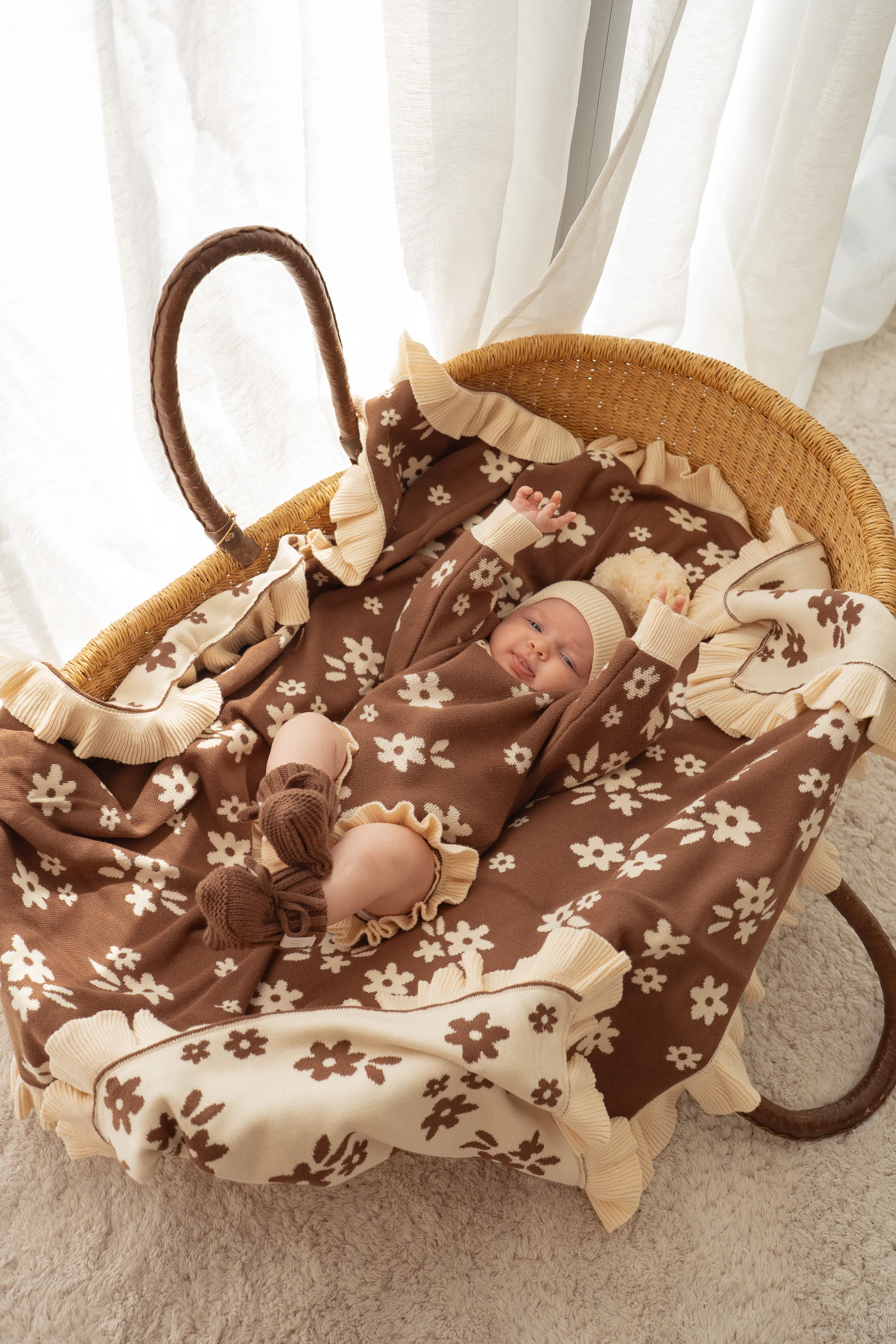 Frill Knit Blanket | Daisy Floral Chocolate - Image 2