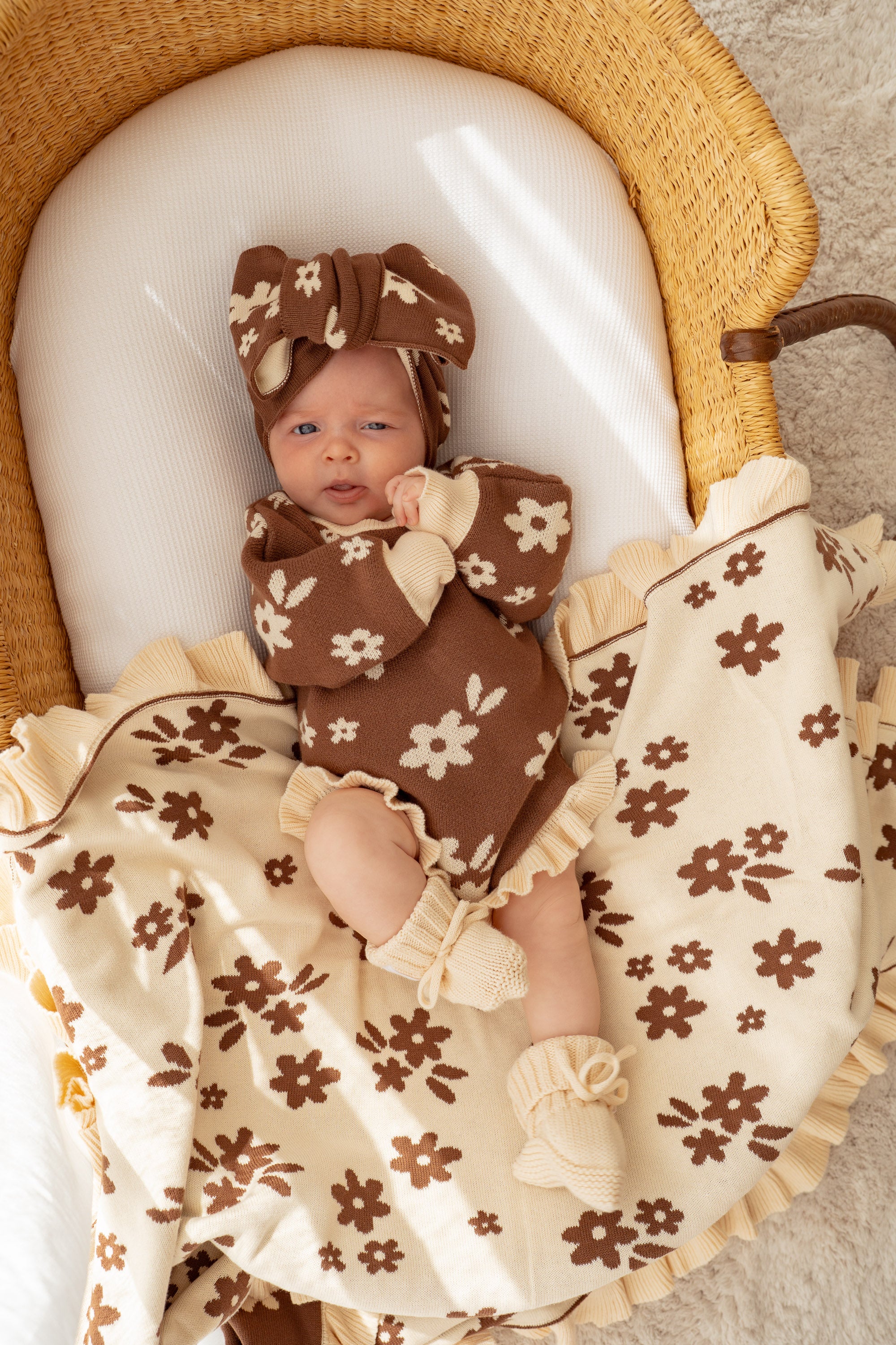 Frill Knit Blanket | Daisy Floral Chocolate - Image 4