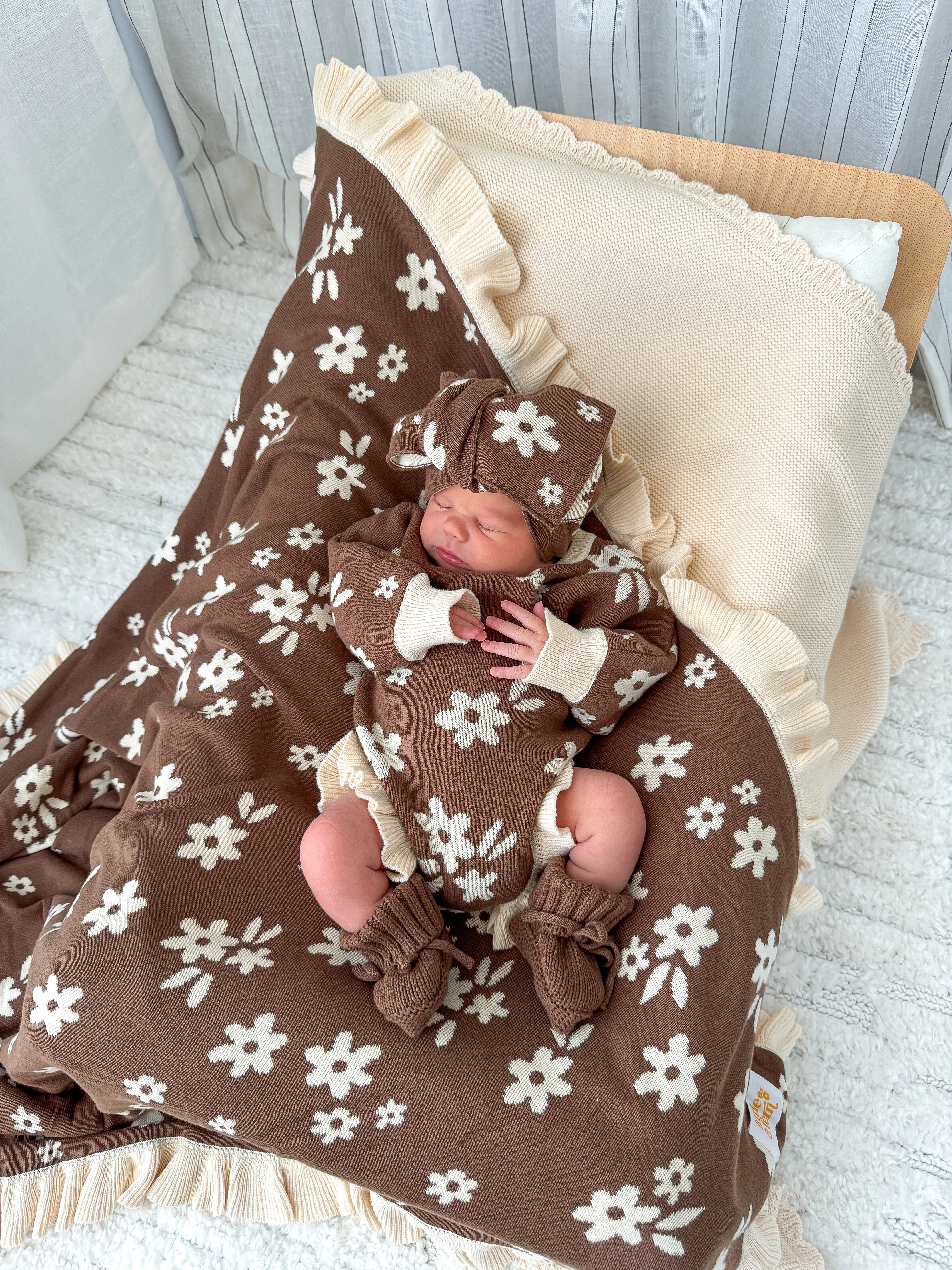 Frill Knit Blanket | Daisy Floral Chocolate - Image 7