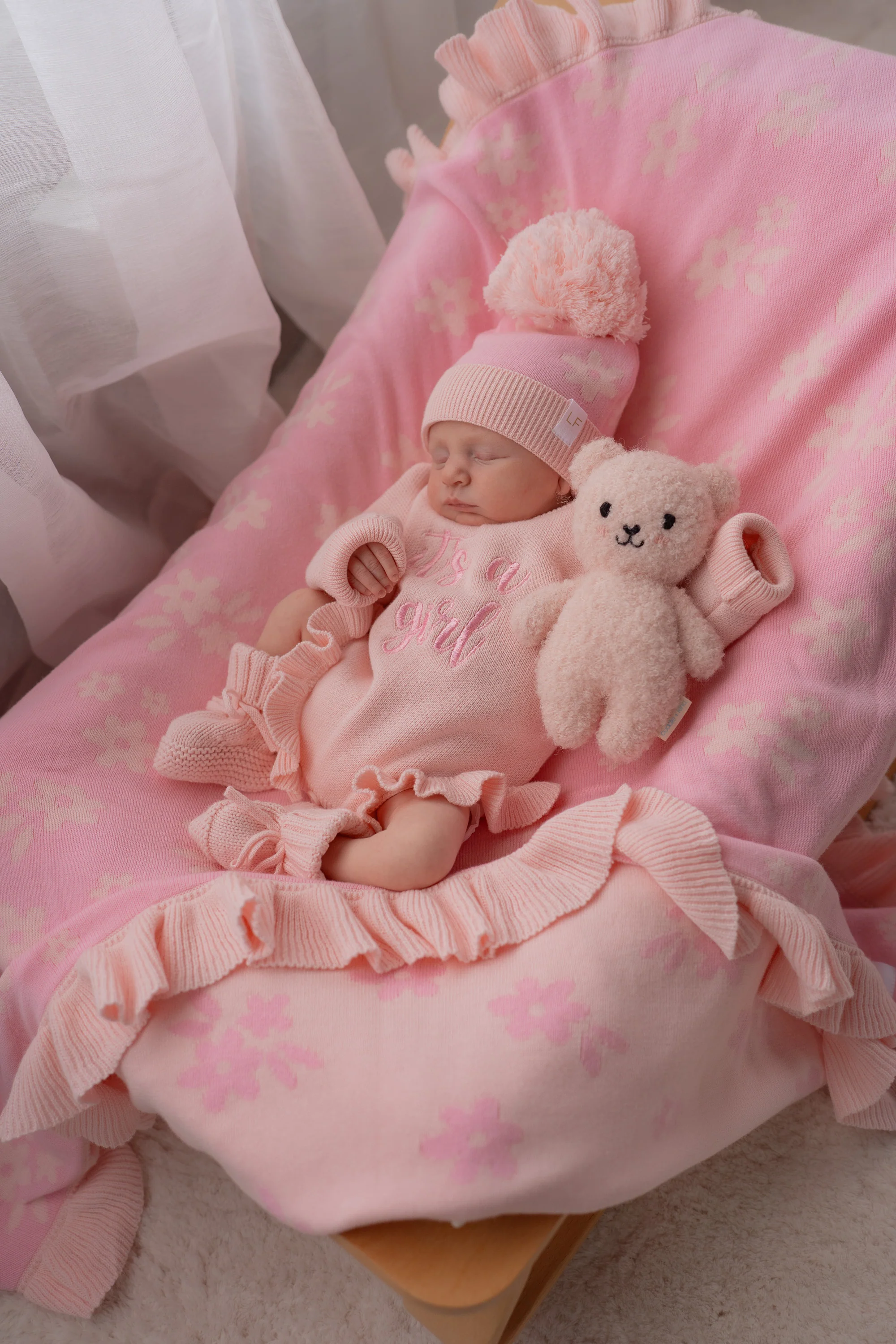 Frill Knit Blanket | Daisy Floral Pink - Image 8