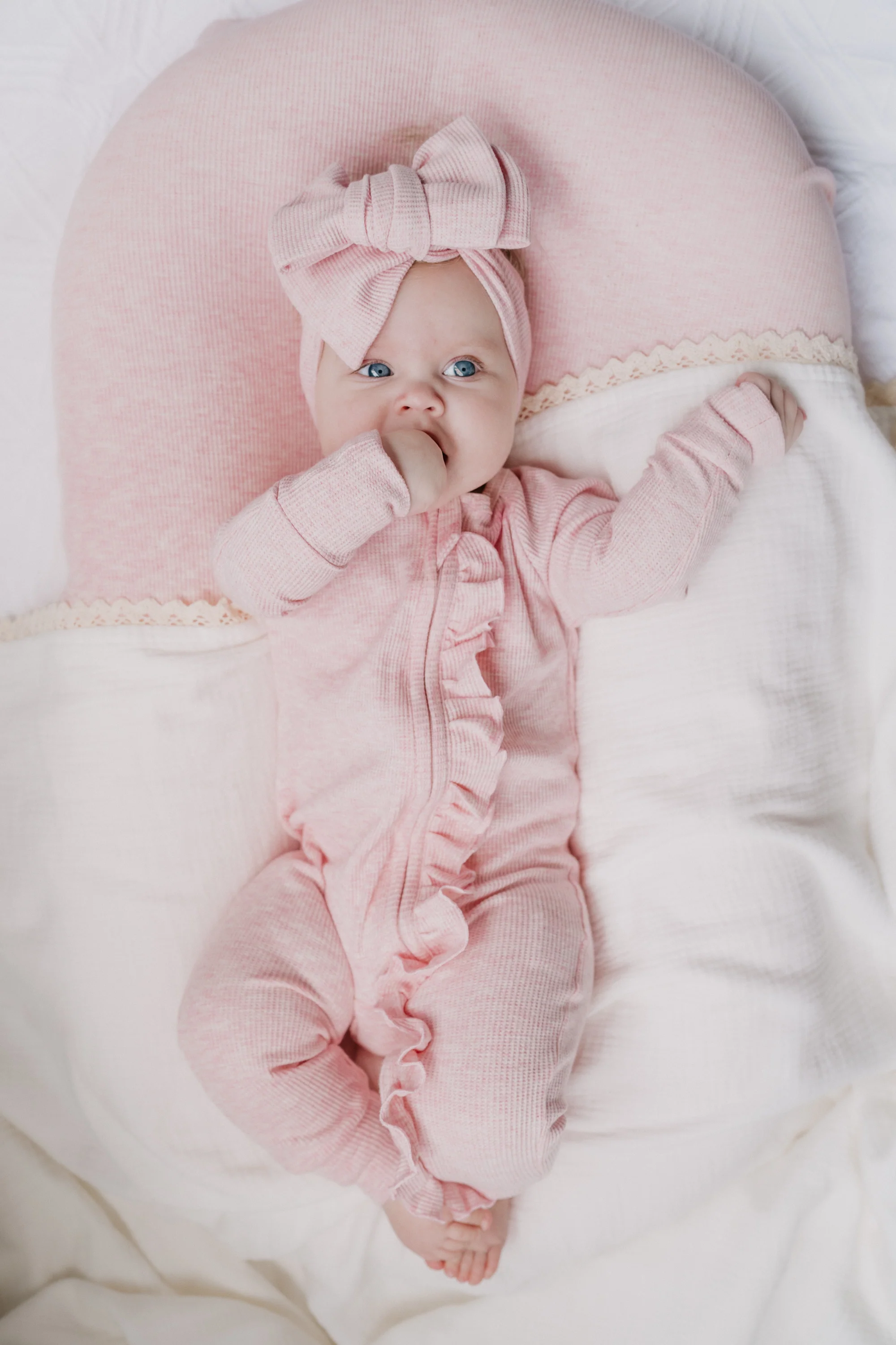 Frill Zip Romper | Baby Pink Marle Waffle - Image 4