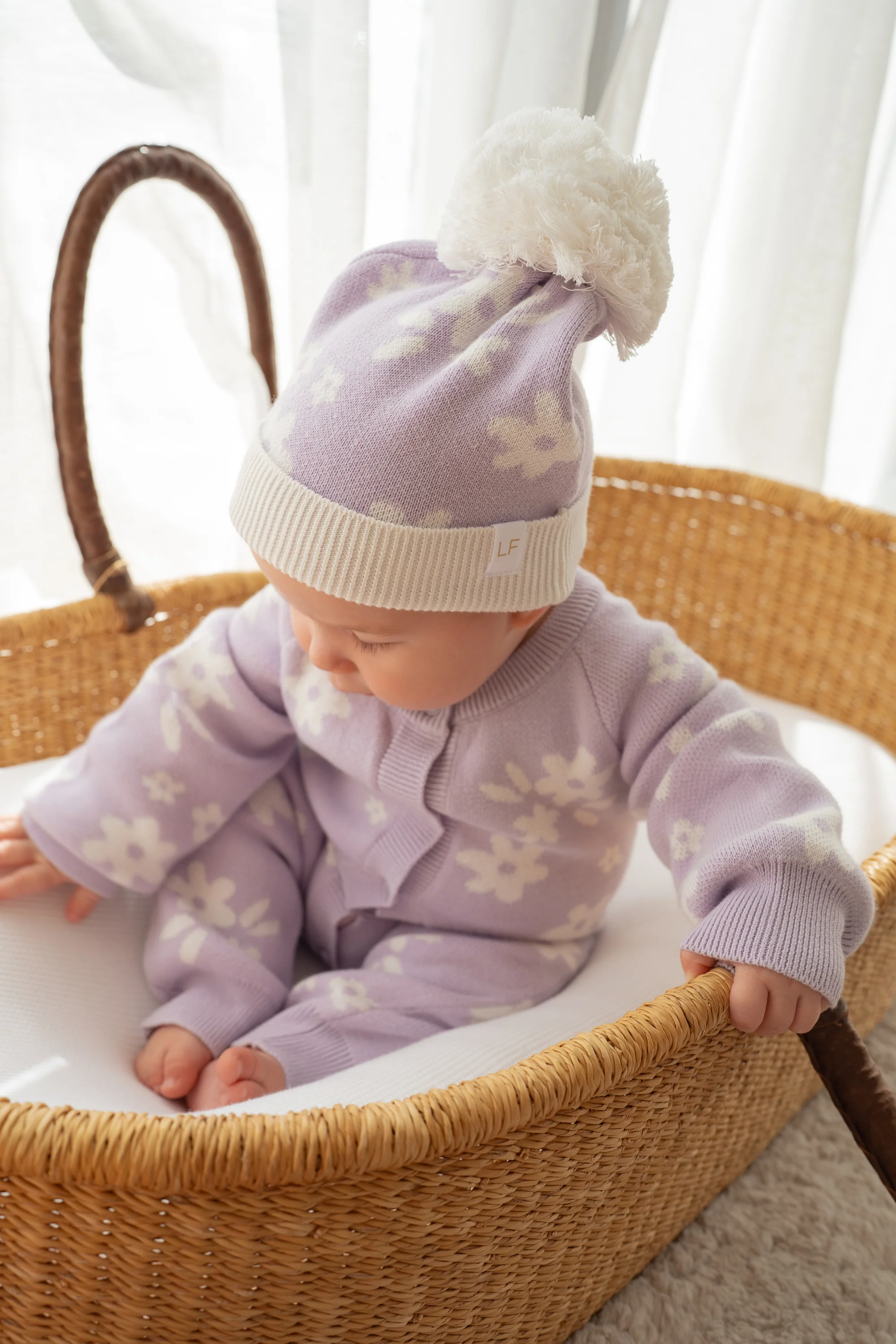 Knitted Pom Beanie | Daisy Floral Lilac