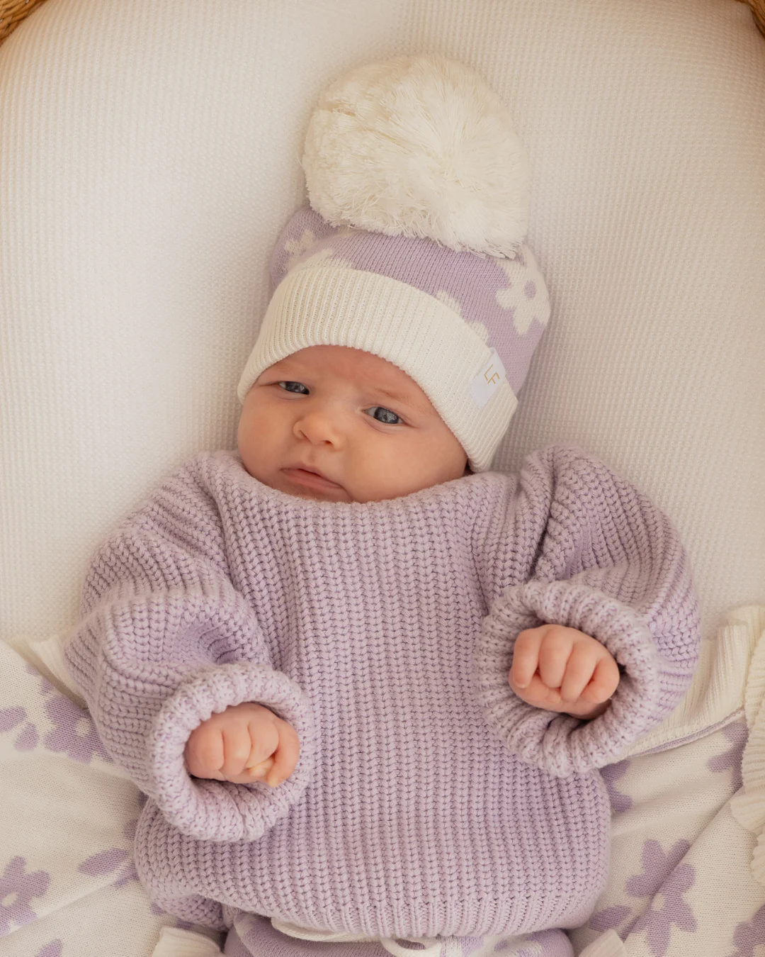 Knitted Pom Beanie | Daisy Floral Lilac - Image 2